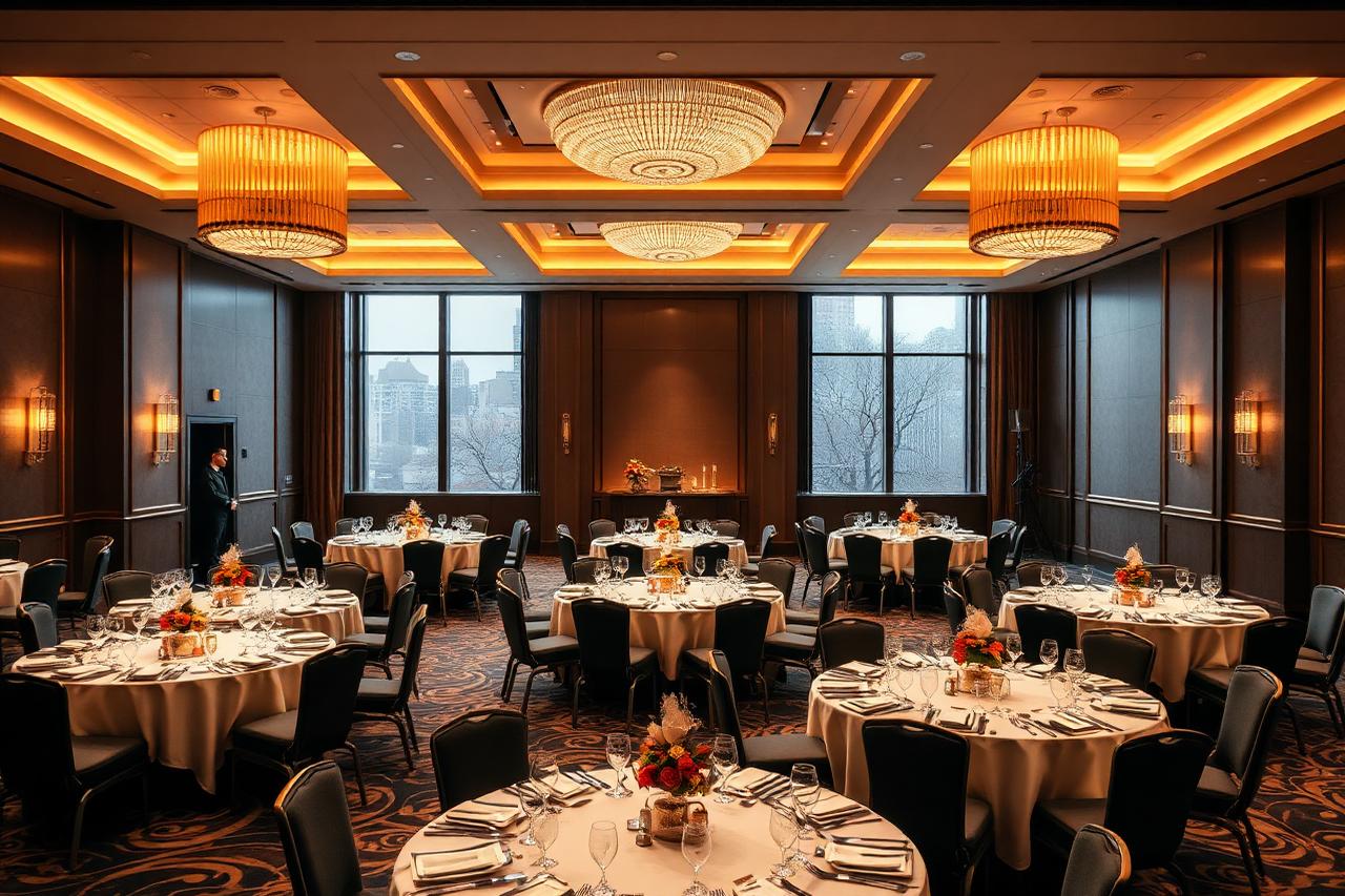 Banquet hall set up by uniformed hospitality staff