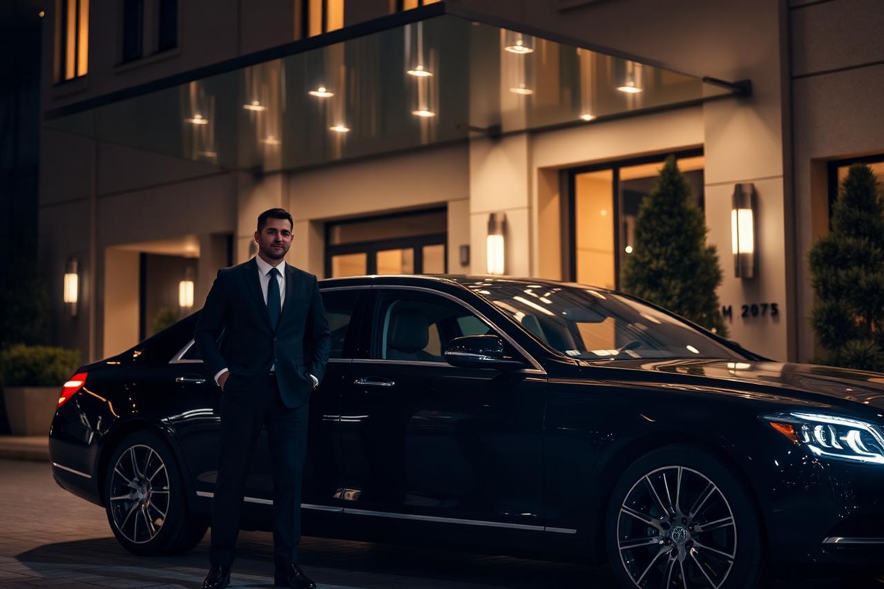 Chauffeur beside an executive sedan outside a hotel