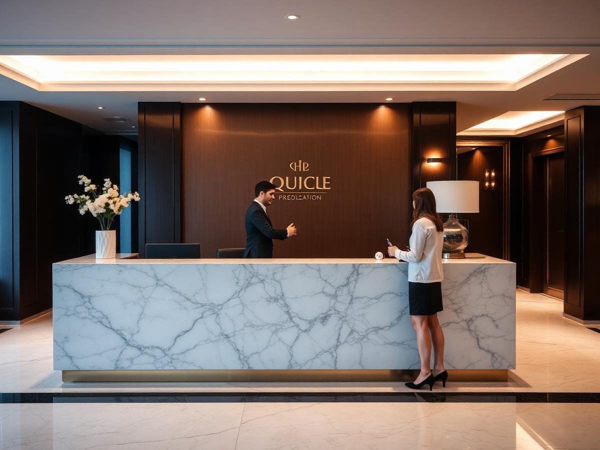 Hotel front desk team welcoming guests