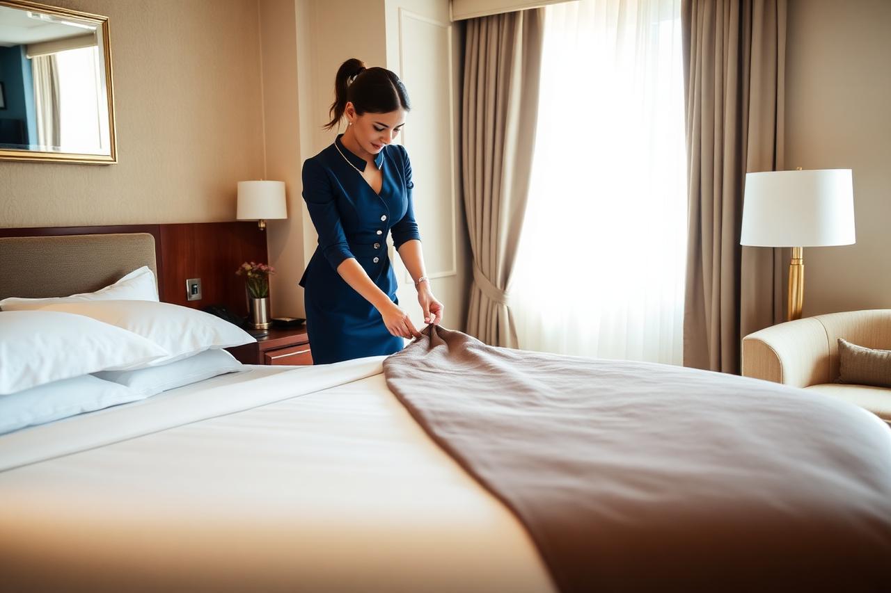 Housekeeping attendant preparing a luxury hotel suite